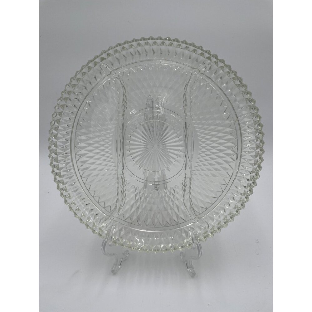 Vintage Clear Glass Divided Serving Tray With Intricate Diamond Cut Pattern & Sc